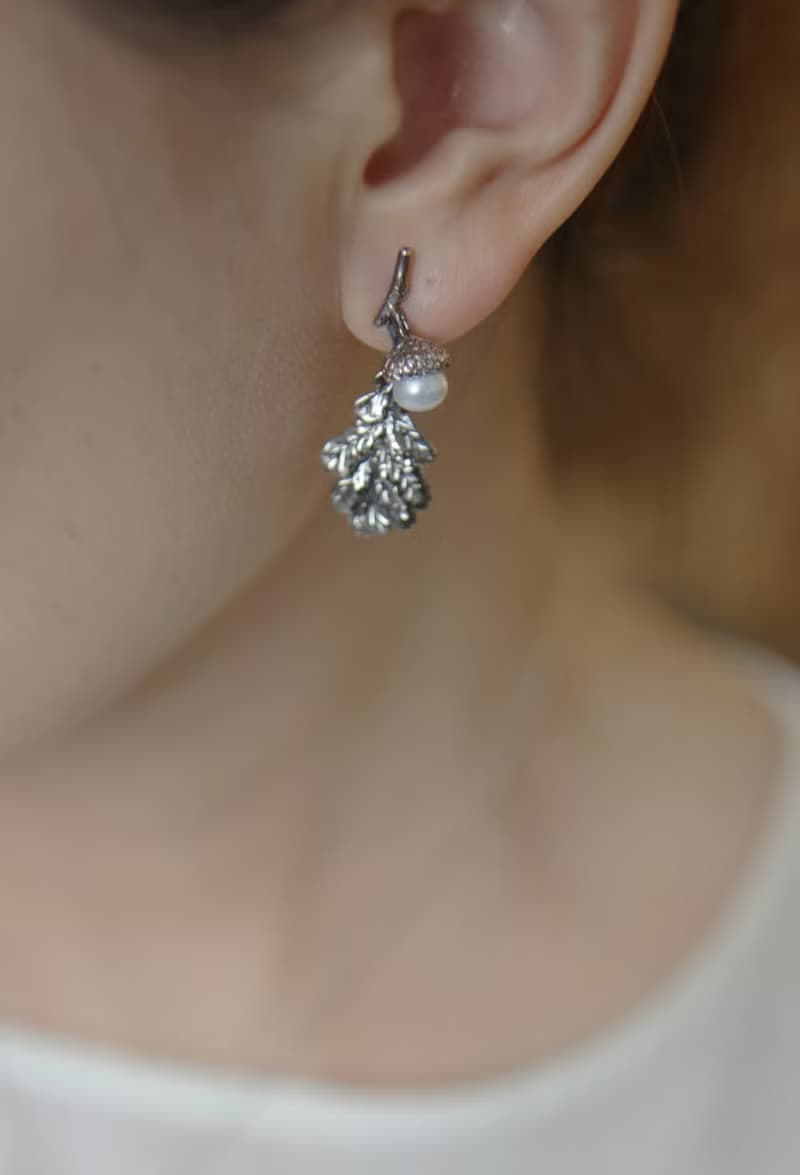 純銀珍珠橡實樹葉耳環