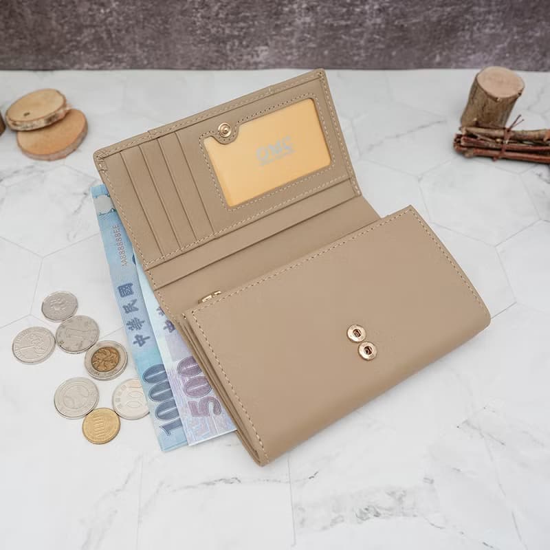 立體拼貼多夾層收納牛皮中夾4151(淺杏色)