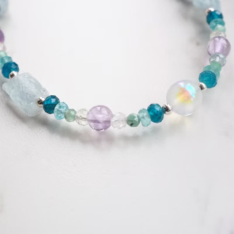 季節雨 ‧ 繡球花開 | 月光石、海藍寶、螢石、磷灰石 純銀手鍊