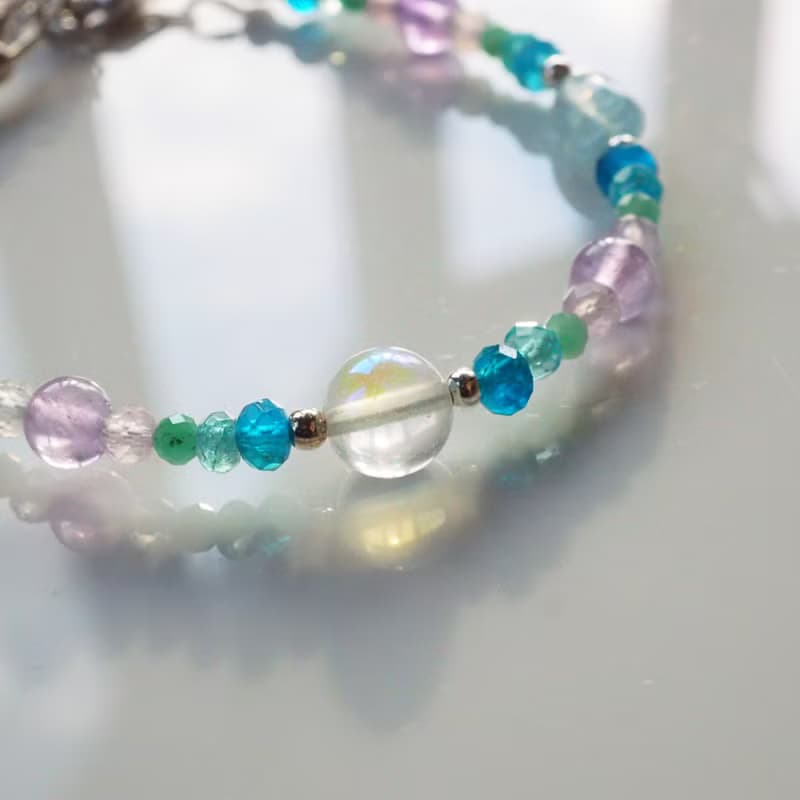 季節雨 ‧ 繡球花開 | 月光石、海藍寶、螢石、磷灰石 純銀手鍊