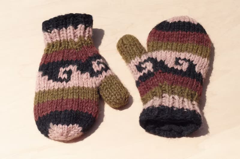 限量一件針織純羊毛保暖手套 / 兒童手套 / 童手套 / 內刷毛手套 / 針織手套 / 拳擊手套 - 大地色調海浪條紋