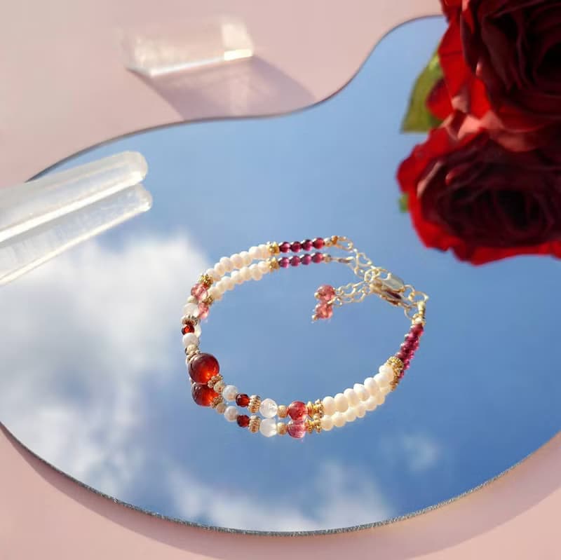 雋永。紅豆 橙石榴石 淡水珍珠 紫牙烏 14K包金 水晶礦石設計手鍊