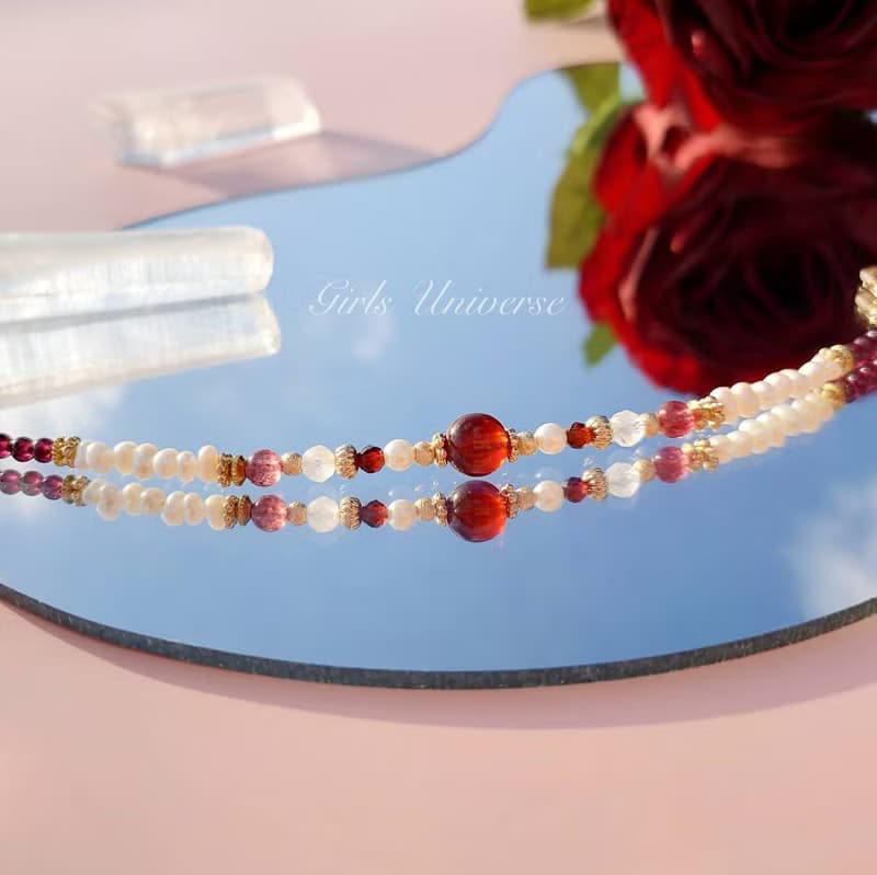 雋永。紅豆 橙石榴石 淡水珍珠 紫牙烏 14K包金 水晶礦石設計手鍊