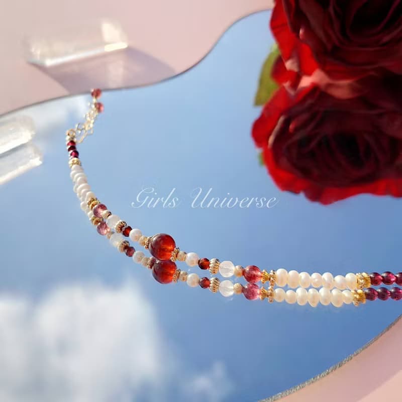 雋永。紅豆 橙石榴石 淡水珍珠 紫牙烏 14K包金 水晶礦石設計手鍊