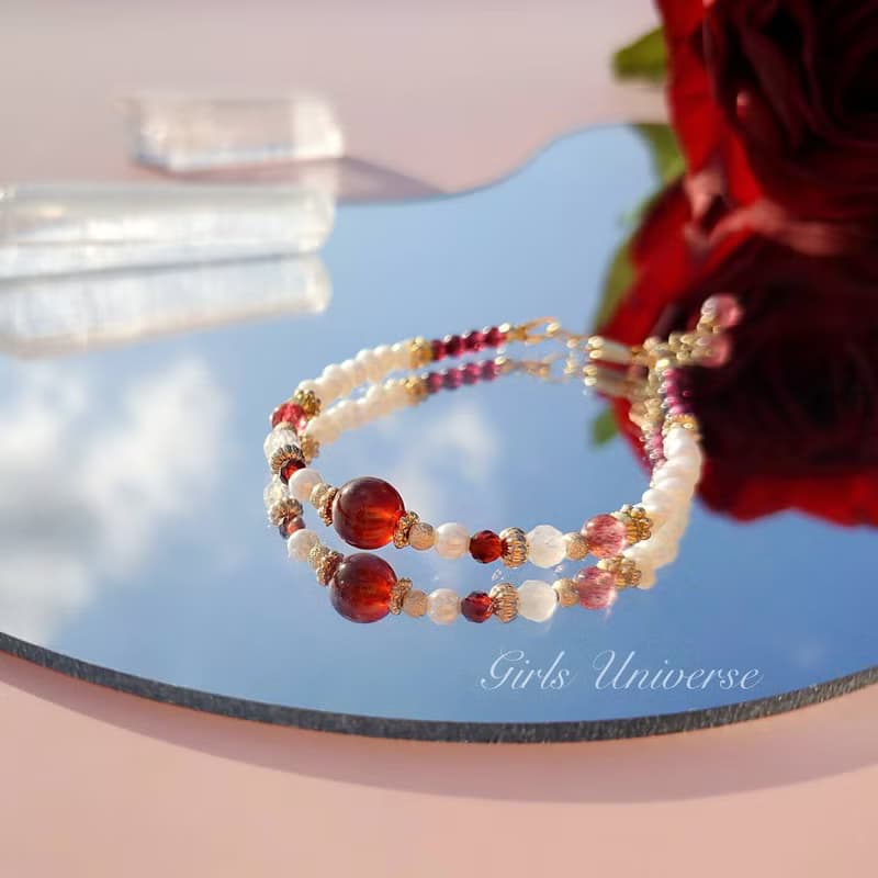 雋永。紅豆 橙石榴石 淡水珍珠 紫牙烏 14K包金 水晶礦石設計手鍊