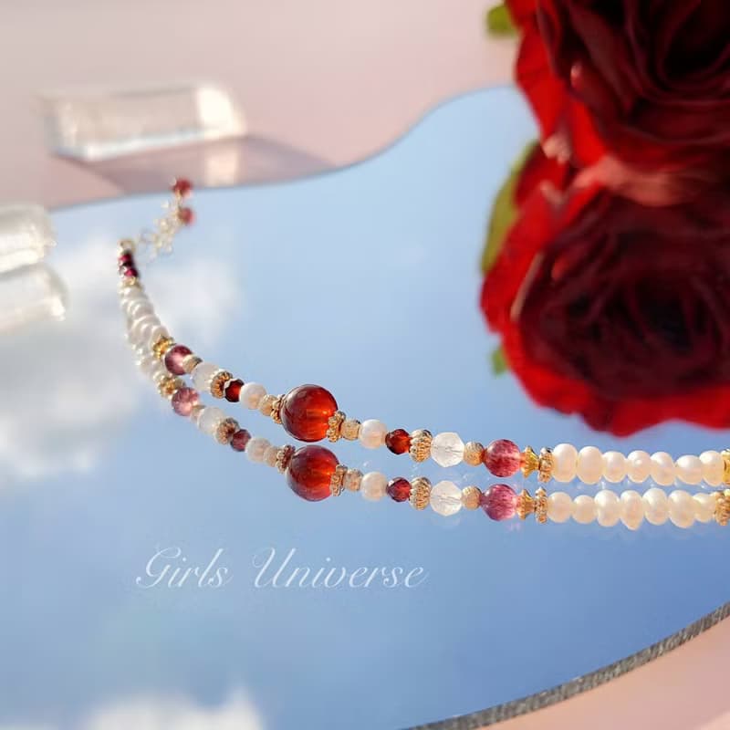 雋永。紅豆 橙石榴石 淡水珍珠 紫牙烏 14K包金 水晶礦石設計手鍊