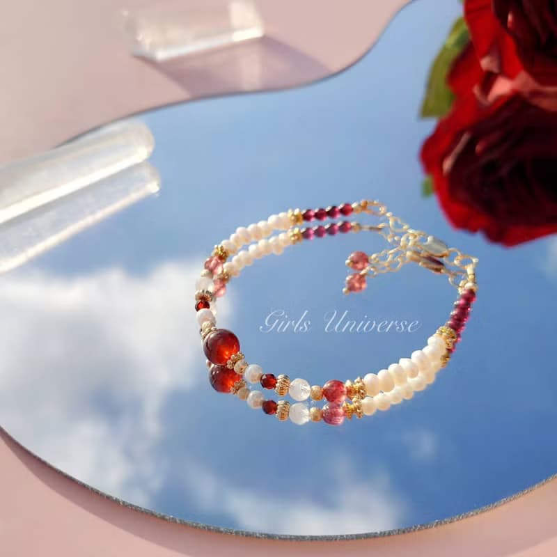 雋永。紅豆 橙石榴石 淡水珍珠 紫牙烏 14K包金 水晶礦石設計手鍊