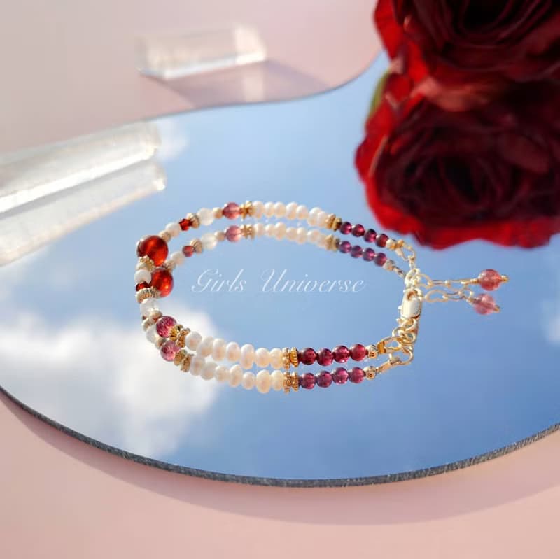 雋永。紅豆 橙石榴石 淡水珍珠 紫牙烏 14K包金 水晶礦石設計手鍊