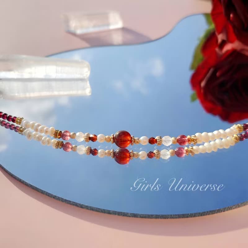 雋永。紅豆 橙石榴石 淡水珍珠 紫牙烏 14K包金 水晶礦石設計手鍊