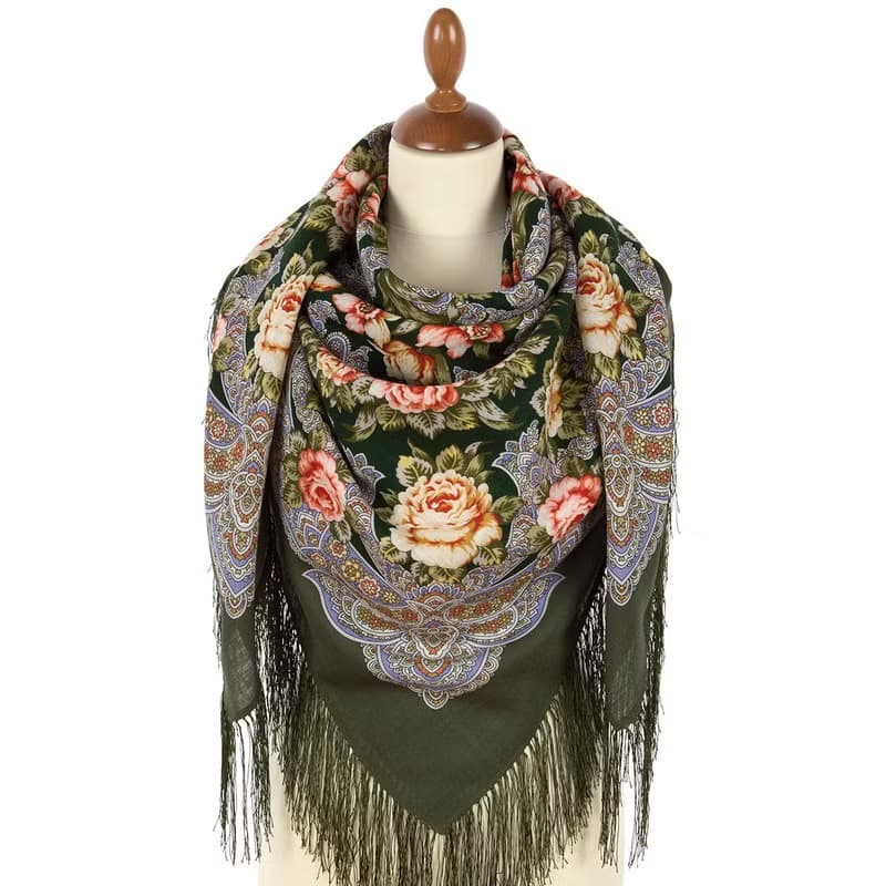 Pavlovo Posad Russian Shawl 100% Wool Scarf 125x125 cm Wrap Silk Fringe 1980-10