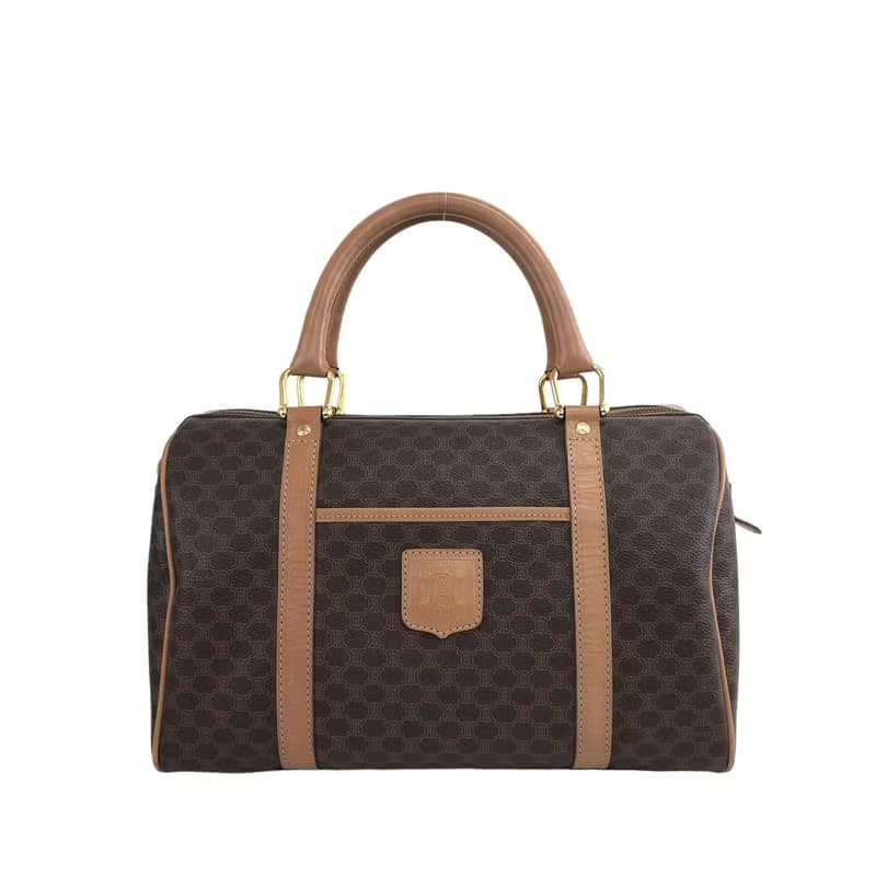 【 日本直送　名牌中古包 】CELINE セリーヌ マカダム ブラゾン ボストンバッグ ハンドバッグ ブラウン PVCレザー vintage  6cftpm