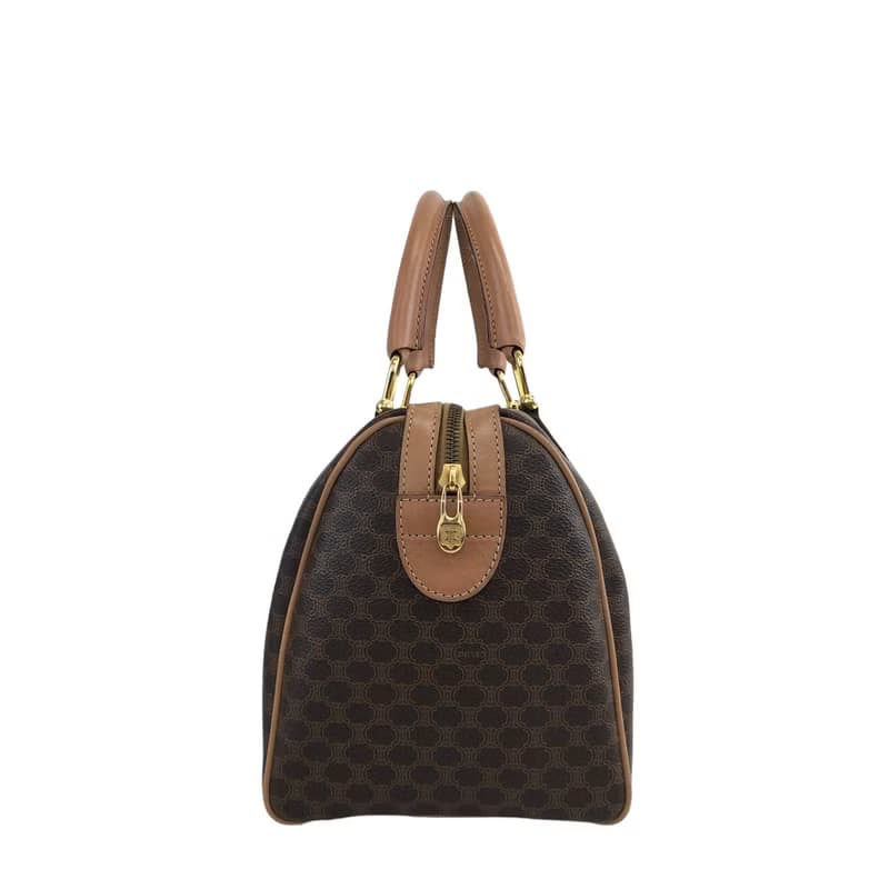 【 日本直送　名牌中古包 】CELINE セリーヌ マカダム ブラゾン ボストンバッグ ハンドバッグ ブラウン PVCレザー vintage  6cftpm