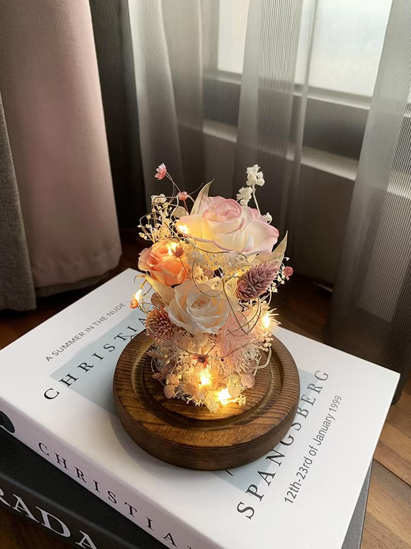 永生花-白/粉紅 不凋花 玫瑰 夜燈 玻璃罩 生日送禮 情人節禮物