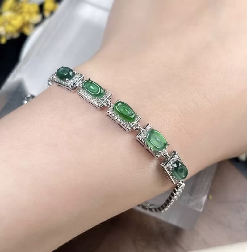 冰種老坑綠翡翠福貝手鍊 925純銀 | 天然A貨翡翠 | 送禮