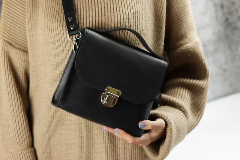 Leather Women Black Handbag/ Crossbody Handmade Top Handle Bag/ Shoulder Bag