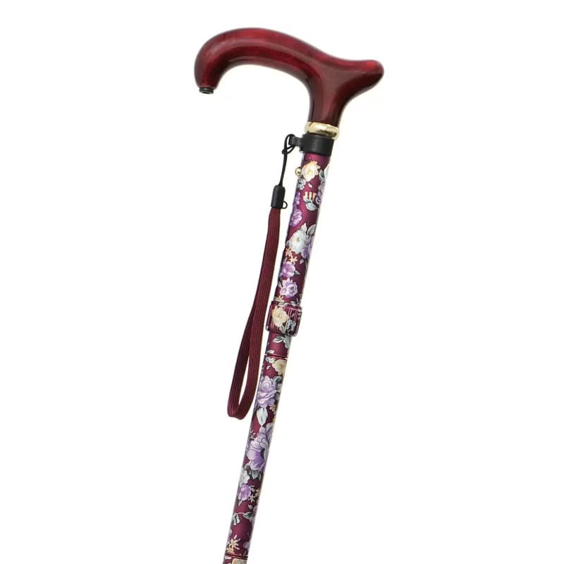 アルミ5段折り花柄・赤　-5つ折りタイプ 折りたたみ式アルミステッキ-