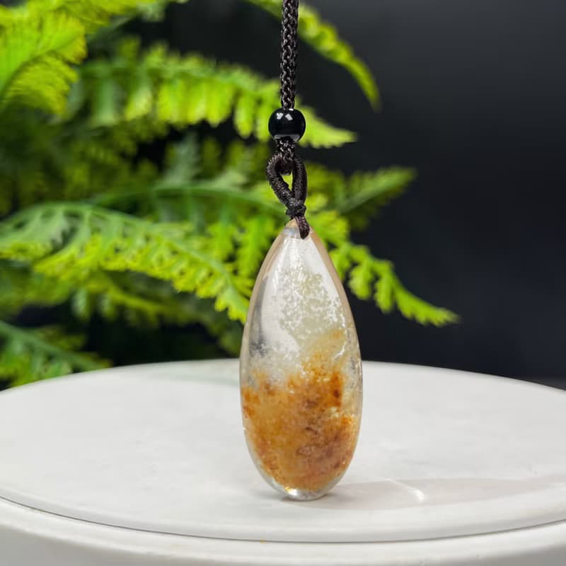 精品天然巴西四季幽靈水晶吊墜項錬冰透凈體老料紅白景觀水滴女