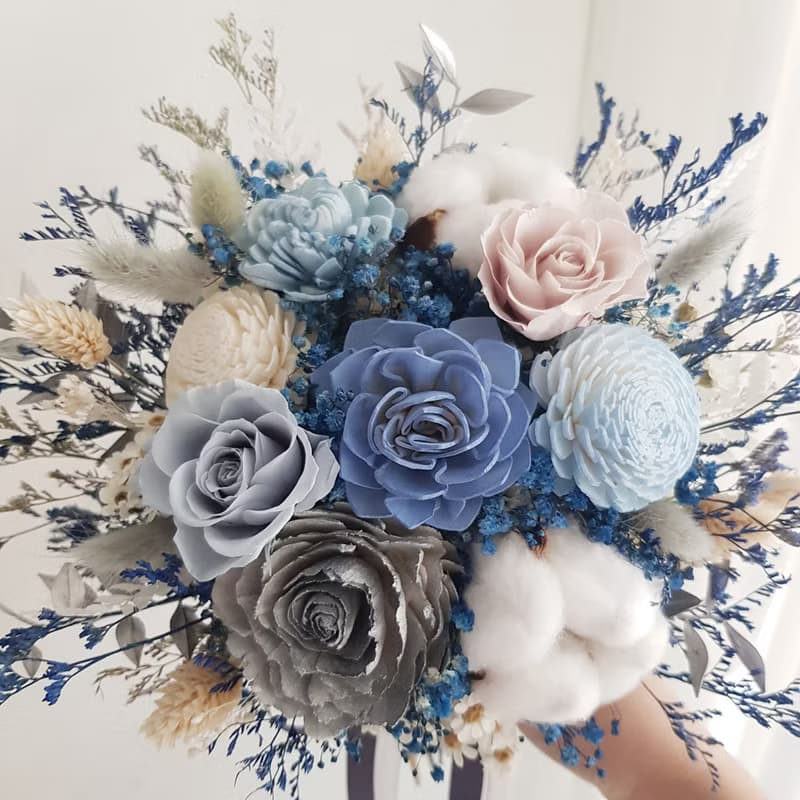 永生花+乾燥花|霧灰藍色系捧花 登記 外拍 結婚捧花