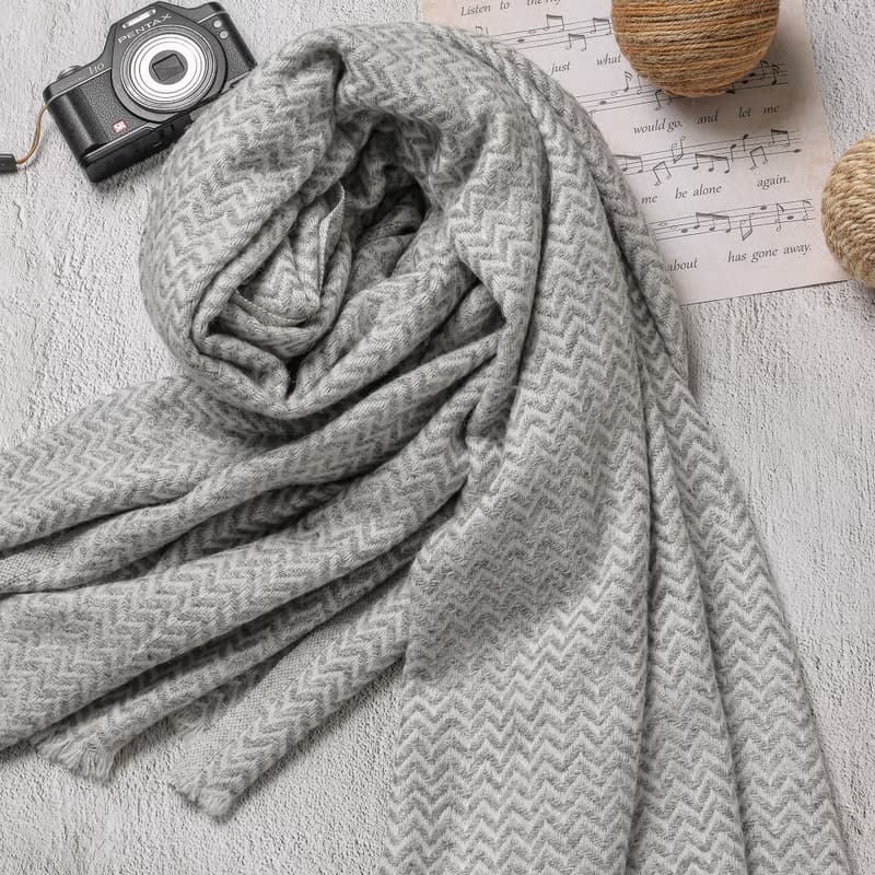 【厚款】喀什米爾羊毛圍巾/披肩  小山形原色無染灰色 手工機織