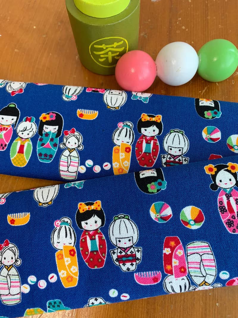 文青風環保筷袋 日本娃娃 藍 手作餐具袋.交換禮物.