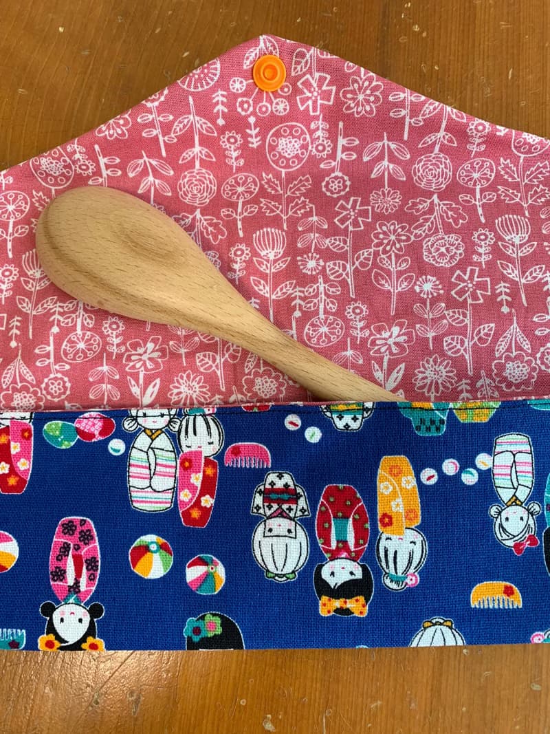 文青風環保筷袋 日本娃娃 藍 手作餐具袋.交換禮物.