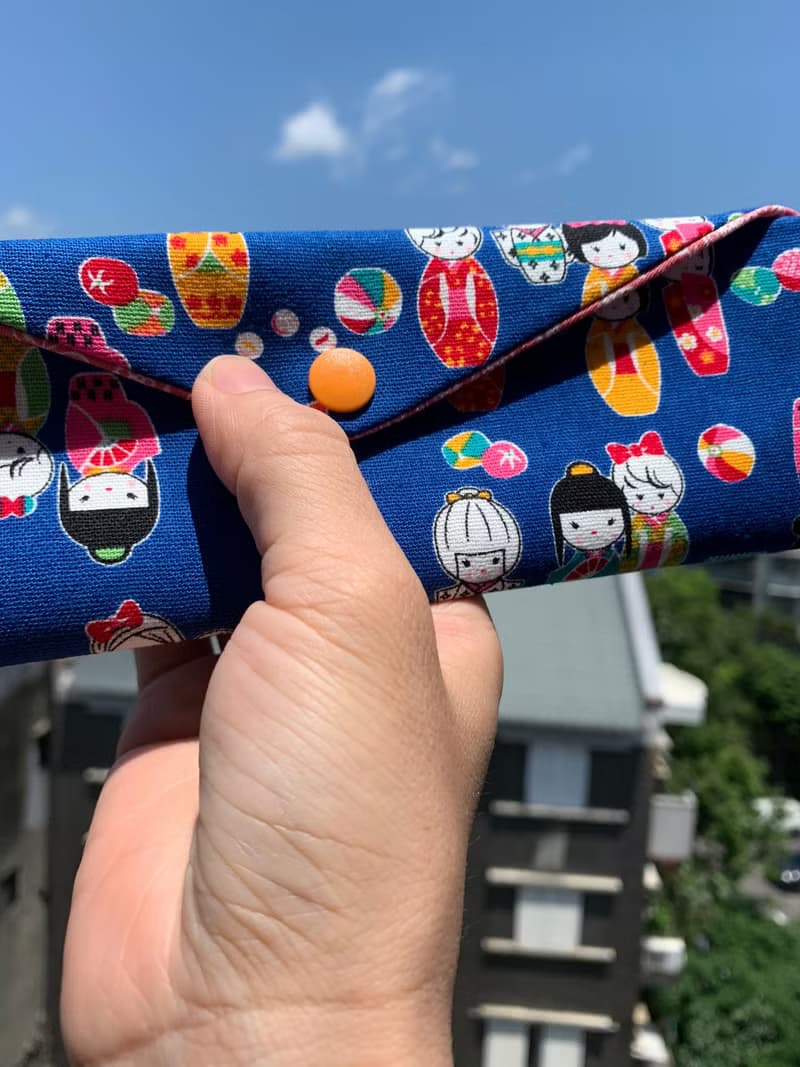 文青風環保筷袋 日本娃娃 藍 手作餐具袋.交換禮物.