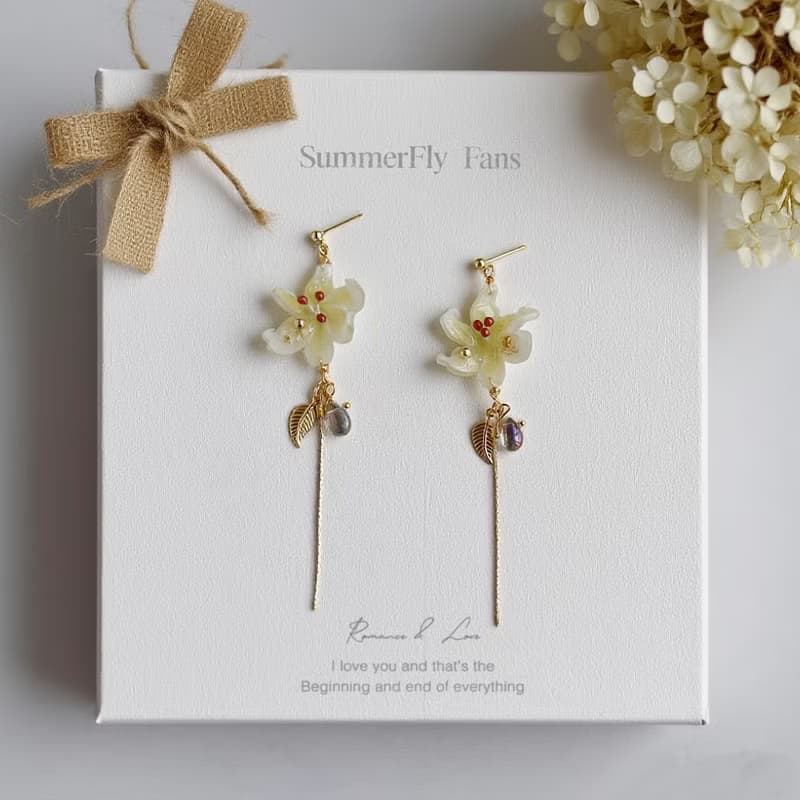 手工琉璃金葉花朵 優雅復古耳線長款垂墜耳環