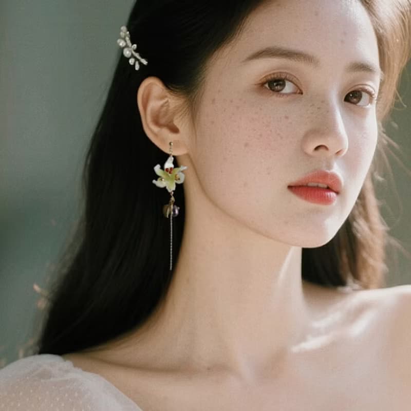 手工琉璃金葉花朵 優雅復古耳線長款垂墜耳環