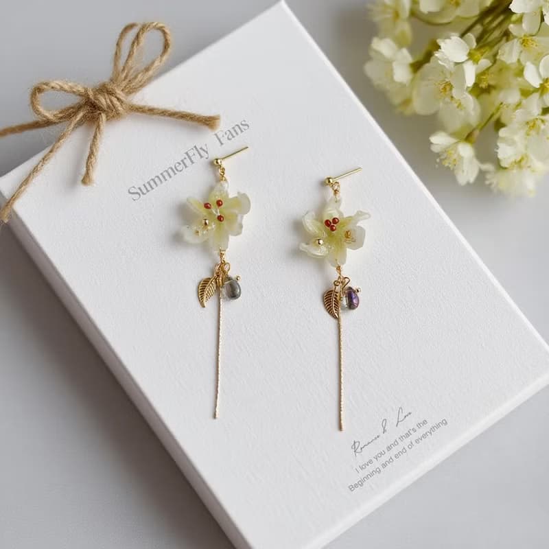 手工琉璃金葉花朵 優雅復古耳線長款垂墜耳環