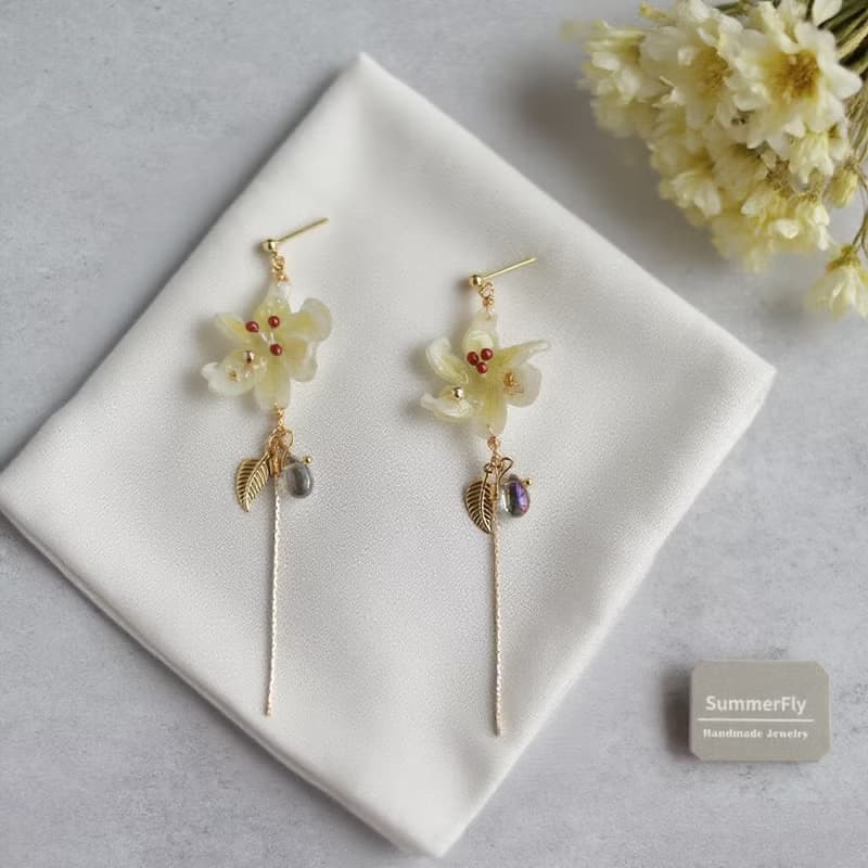手工琉璃金葉花朵 優雅復古耳線長款垂墜耳環