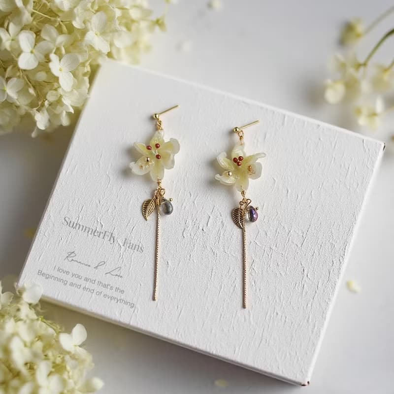 手工琉璃金葉花朵 優雅復古耳線長款垂墜耳環