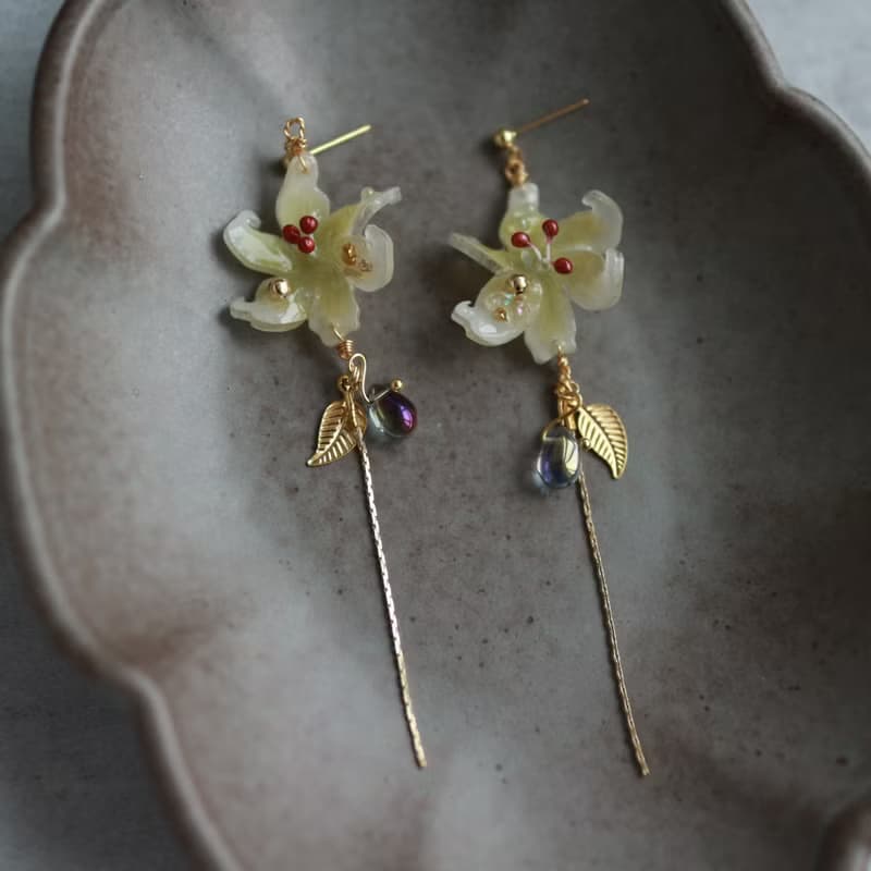 手工琉璃金葉花朵 優雅復古耳線長款垂墜耳環
