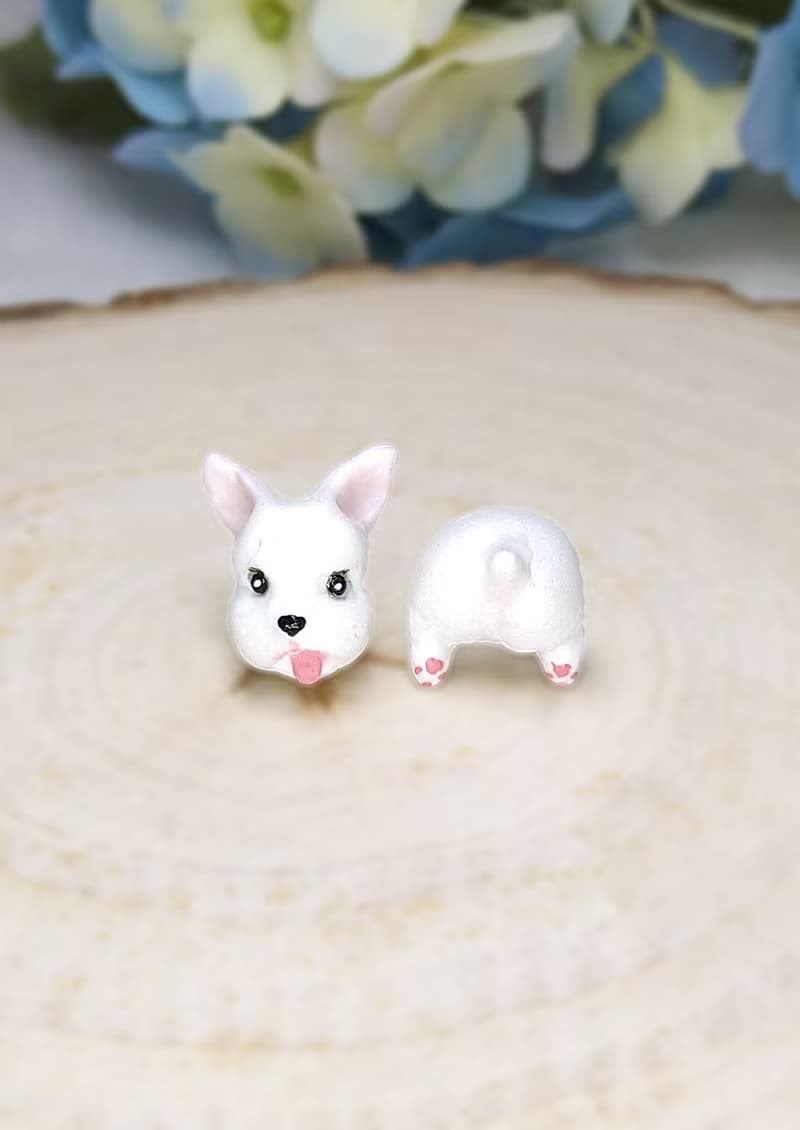 可愛 豎耳 白色雪納瑞犬 史納莎犬耳環 耳釘/耳夾