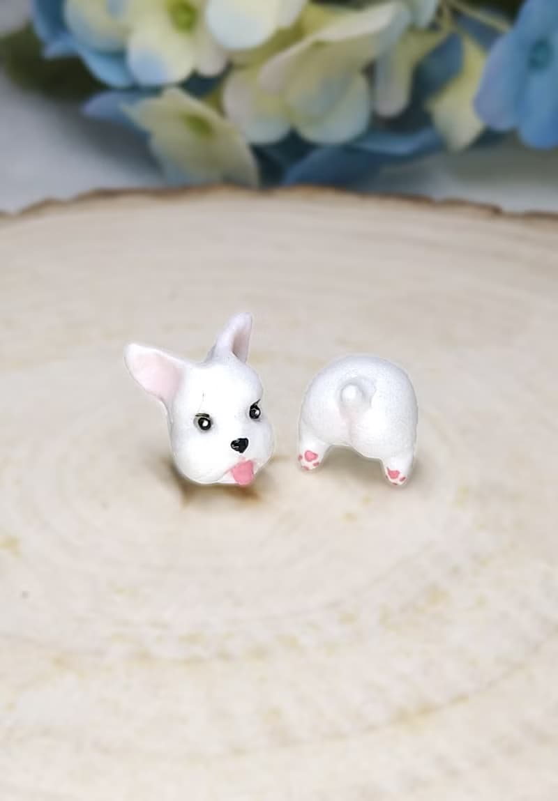 可愛 豎耳 白色雪納瑞犬 史納莎犬耳環 耳釘/耳夾