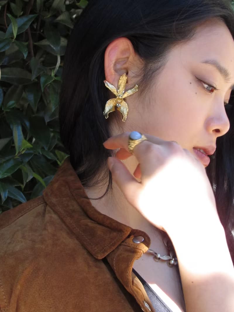 Vintage Orchid Floral Gold Statement Earrings