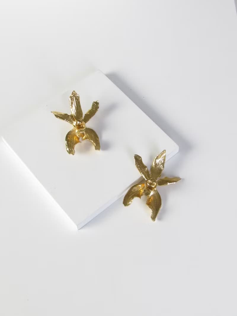 Vintage Orchid Floral Gold Statement Earrings