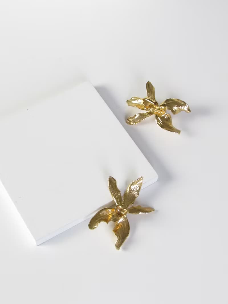 Vintage Orchid Floral Gold Statement Earrings