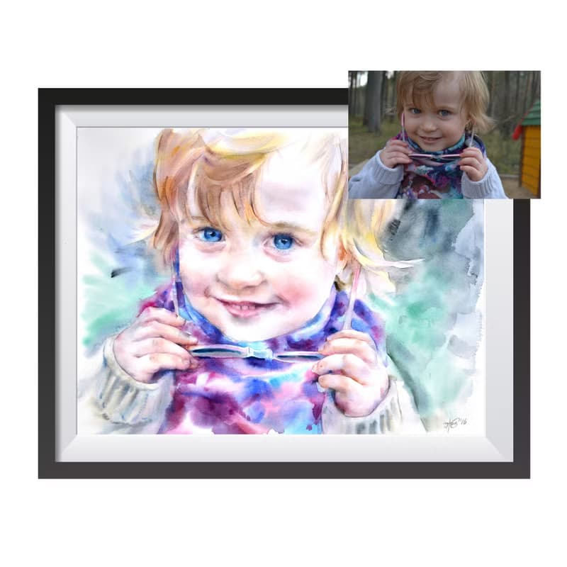Custom original watercolor portrait painting by artist Irina Zhunaeva