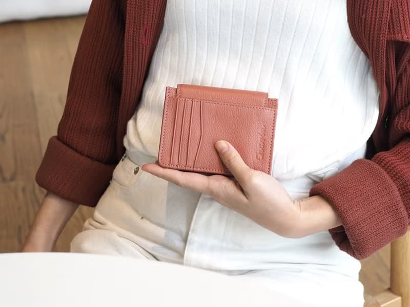 Daily (Coral) : Mini wallet, short wallet, cow leather, Orange-Brown