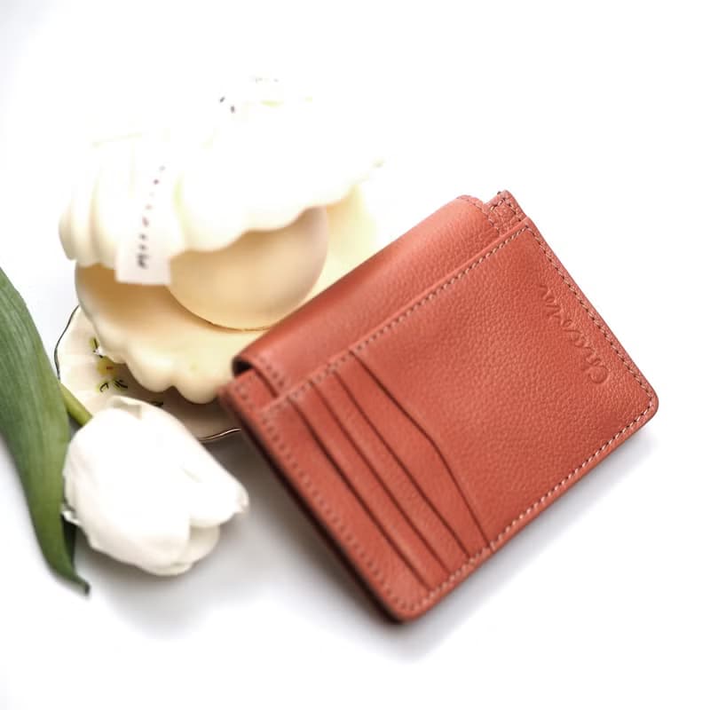 Daily (Coral) : Mini wallet, short wallet, cow leather, Orange-Brown