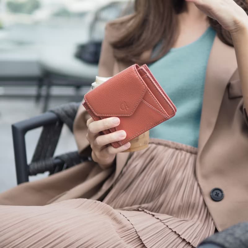 Daily (Coral) : Mini wallet, short wallet, cow leather, Orange-Brown