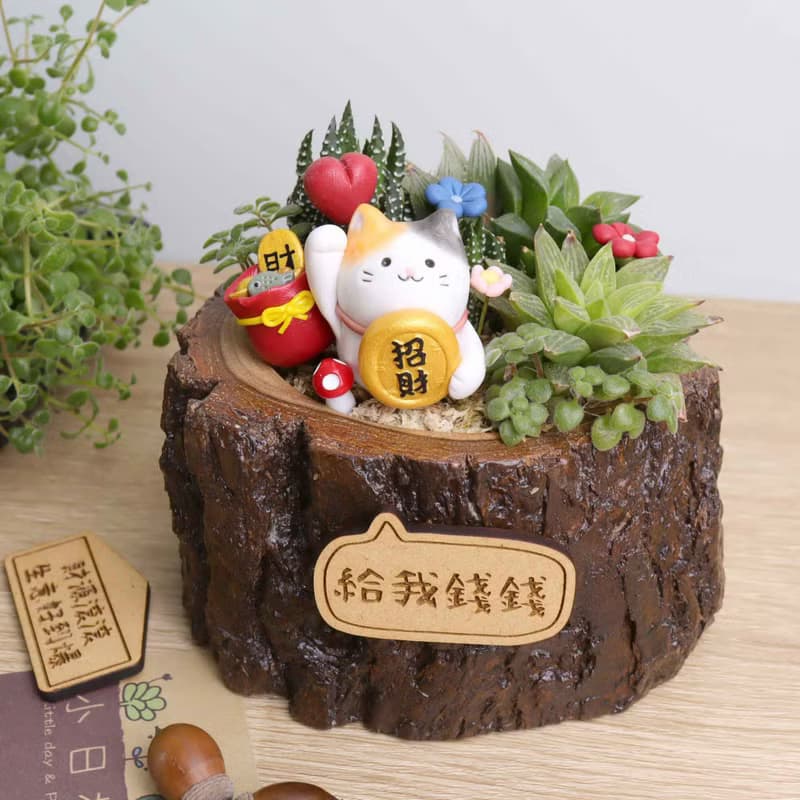 招財貓 多肉植物盆栽(附字牌) 手作公仔 | 開幕禮物 開運招財