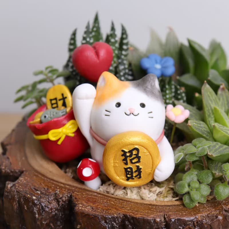 招財貓 多肉植物盆栽(附字牌) 手作公仔 | 開幕禮物 開運招財