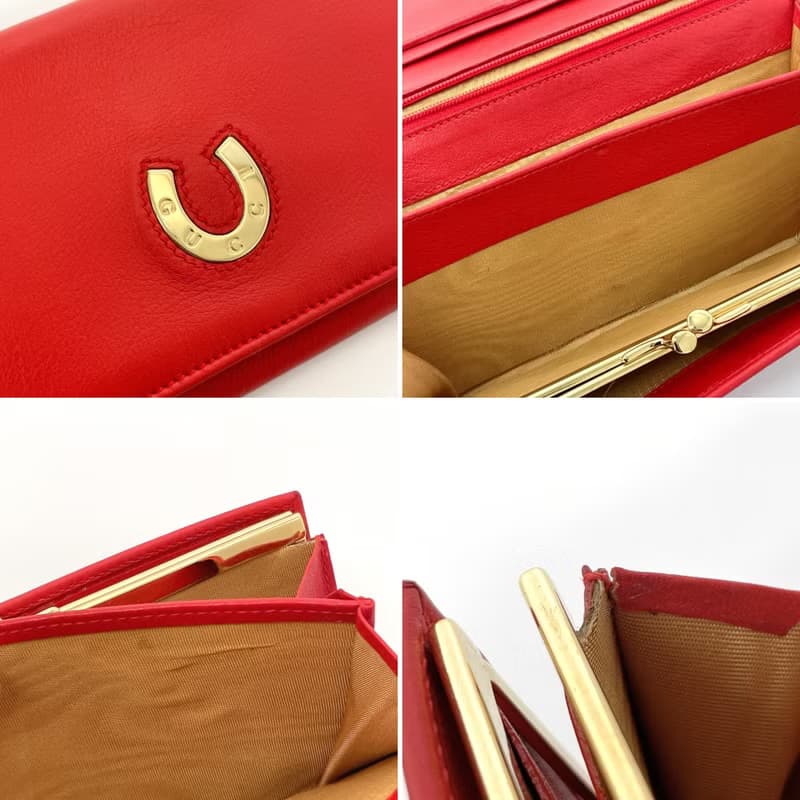 【日本直送 中古美品】グッチ GUCCI 長財布 二つ折り財布 がま口 035・6416・1720・0 ホースシュー レザー レッド ゴールド金具 ヴィンテージ