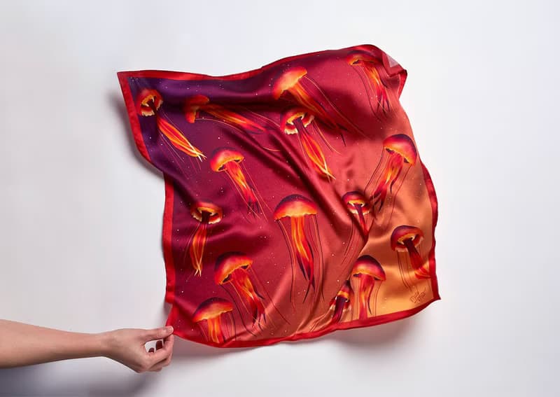Ocean Silk Satin Scarf (Jellyfish), Pure Silk Satin, Square Scarf