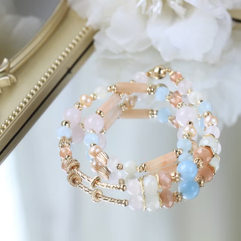 馬爾他的夏天/海藍寶/橙月光石/粉晶/磁扣設計雙圈水晶手鍊