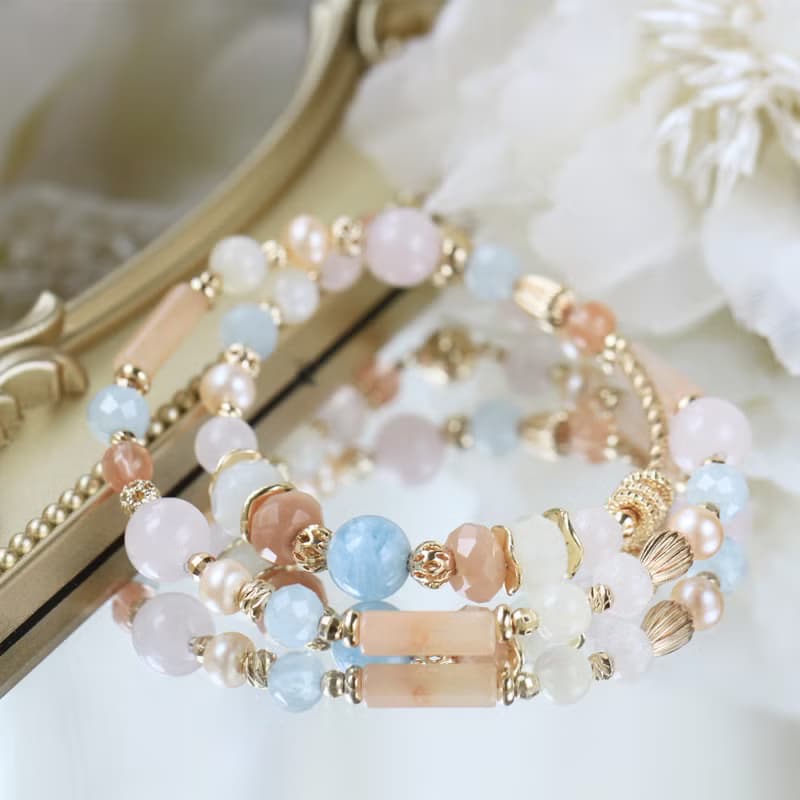馬爾他的夏天/海藍寶/橙月光石/粉晶/磁扣設計雙圈水晶手鍊