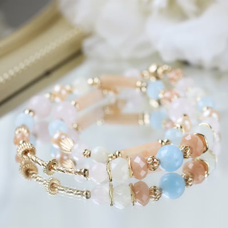 馬爾他的夏天/海藍寶/橙月光石/粉晶/磁扣設計雙圈水晶手鍊