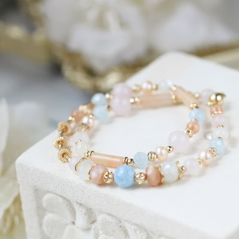 馬爾他的夏天/海藍寶/橙月光石/粉晶/磁扣設計雙圈水晶手鍊