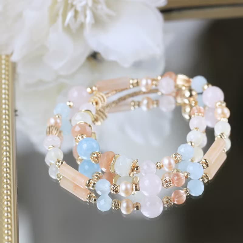 馬爾他的夏天/海藍寶/橙月光石/粉晶/磁扣設計雙圈水晶手鍊
